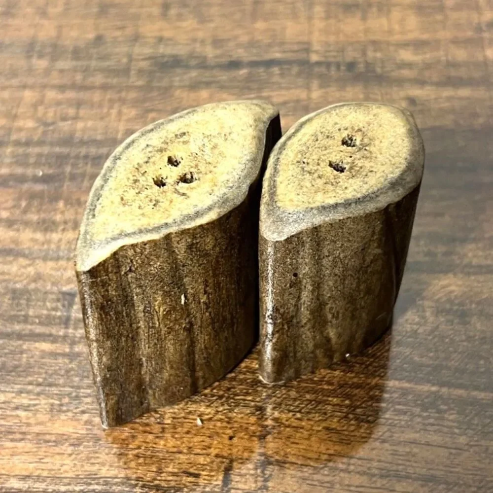 Vintage Real Antler Salt Pepper Shakers Carved Natural Horn Rustic Lodge Cabin